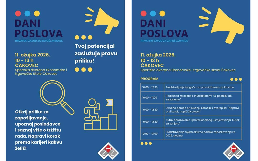 Dani poslova u  srijedu, 11. ožujka, u Sportskoj dvorani Ekonomske i trgovačke škole Čakovec